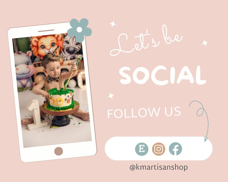 May include: A child wearing a safari-themed hat and holding a cake decorated with animal faces. The cake is on a wooden stand and the child is sitting on a green surface with sprinkles. The image is framed by a white phone screen with a blue flower in the top corner. The text "Let's be SOCIAL FOLLOW US" is on the right side of the image with social media icons and the text "@kmartanshop".