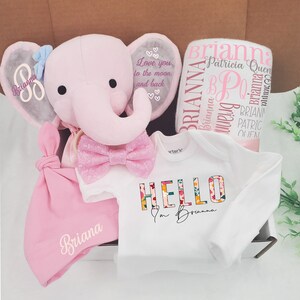 May include: A baby gift set in pink, including a plush elephant, a sequined bow, a hat, and a long-sleeved onesie. The onesie says "HELLO I'm Brianna" with a floral design. The set includes a blanket and a heart-shaped pillow with the name Brianna.