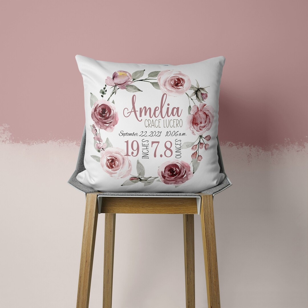 Baby Girl Birth Announcement Pillow, Floral Birth Stat Pillow, Newborn ...