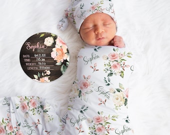 Baby Girl Swaddle, Personalized Baby Girl Blanket, Pink Floral Baby Girl Blanket, Baby Name Blanket, Baby Shower Gift, New Baby Gift Blanket