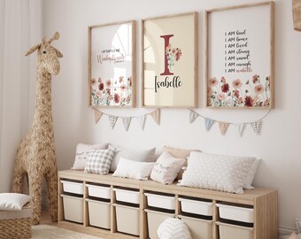 Personalized Boho Nursery Wall Art, Wildflower Nursery Decor, Custom Botanical Print, Floral Nursery Art, Girl Nursery Decor, Wall Prints