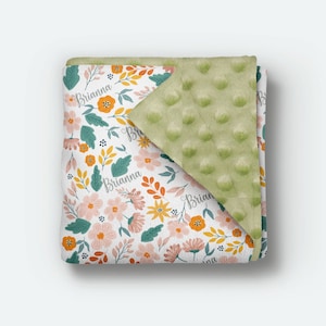 Personalized Floral Blanket, Peach Floral Lovey, New Baby Gift, Baby Lovey, Floral Lovey, Security Blanket - 16 x16  inches, Double Minky