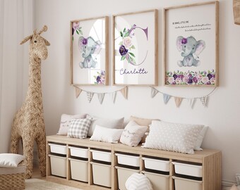 May include: Three framed prints with a purple and gray elephant theme. The prints feature a watercolor style elephant with flowers and the name "Charlotte".