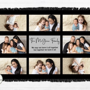 May include: Black woven throw blanket with a collage of family photos. The central panel features the text "The McGraw Family" and a quote. The blanket has a black fringe border and is a personalised family keepsake.