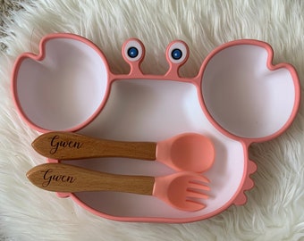 Kit Assiette Crabe + couverts personnalisés en silicone et bambou