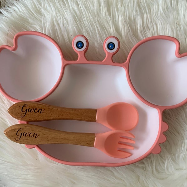 Kit Assiette Crabe + couverts personnalisés en silicone et bambou