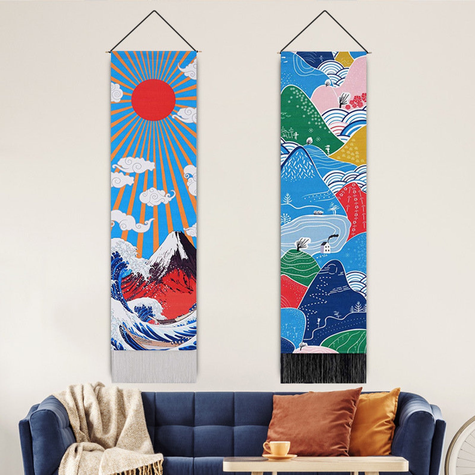 Japanesestyle Wall Hanging Wall Tapestry With Tassel Woven Etsy