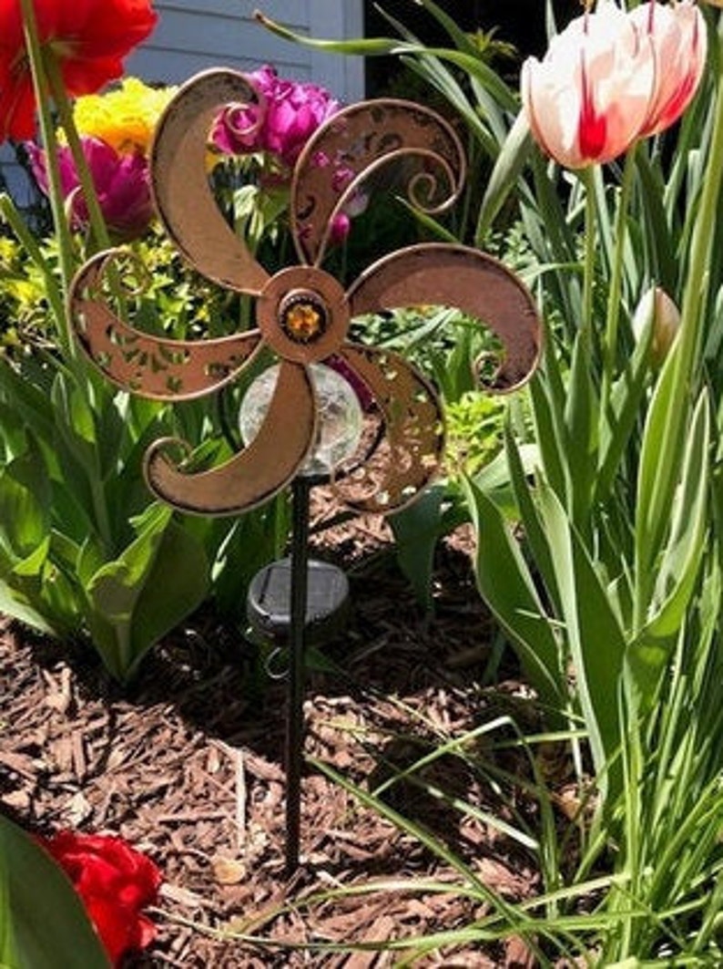 FREE SHIP Solar Wind Spinning Pinwheel Yard Garden Metal Stake Etsy