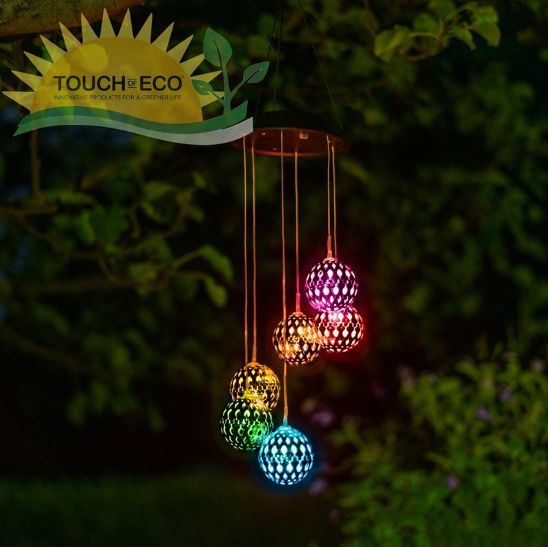 Sun Solar LED Mobile Wind Chime w/ Changing Rainbow Color Lights Garden Decor Mobile - Beautiful Metal Orb Hanging Windchime Touch of ECO 