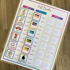 Può includere: Un tracker di fatture stampabile con icone colorate per diverse fatture, come prestiti per studenti, internet, auto, casa, assegno, decime e spazzatura. Il tracker ha sezioni per la data di scadenza, l'importo e il pagamento. Il tracker è progettato per aiutare le persone a tenere traccia delle loro fatture e pagamenti.