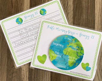 Genesis 1:1 Bible Lesson Activity - Printable Puzzle and Tracing Worksheet - Kids Preschool Homeschool First Grade Kindergarden Curriculum