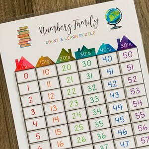 May include: A colorful educational puzzle titled "Numbers Family: Count & Learn Puzzle." The puzzle features numbers from 0 to 57 arranged in a grid, with each row and column labeled with house-shaped graphics. The image includes illustrations of books and a globe.
