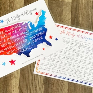Set The Pledge of Allegiance - Stati Uniti - Lezione di fogli di lavoro - Foglio di tracciamento puzzle - Scuola domestica patriottica - Raccoglitore di libri occupato