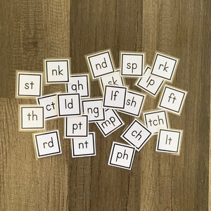 K&ouml;nnte beinhalten: Ein Satz von 20 wei&szlig;en quadratischen Karten mit schwarzem Text, jede Karte zeigt eine andere Zwei-Buchstaben-Kombination. Die Karten sind auf einer Holzoberfl&auml;che verstreut.
