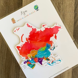 Asien Karte - Welt Geographie Puzzle - Hausschul Arbeitsblatt Unterricht - Druckbares Spiel - Kinder Kinder Buchbinder