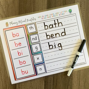 K&ouml;nnte beinhalten: Ein farbiges, druckbares Arbeitsblatt zum Bau von Lautmischungen mit einem Trockenl&ouml;schmarker. Das Arbeitsblatt enth&auml;lt eine Liste von Konsonantenmischungen wie 'ba', 'be', 'bi', 'bo' und 'bu'. Das Arbeitsblatt enth&auml;lt auch einen Abschnitt zum Hinzuf&uuml;gen von Mischkarten, zum Hinzuf&uuml;gen von Buchstaben, zum Lesen und Schreiben von W&ouml;rtern. Die W&ouml;rter 'bath', 'bend' und 'big' sind auf dem Arbeitsblatt geschrieben.