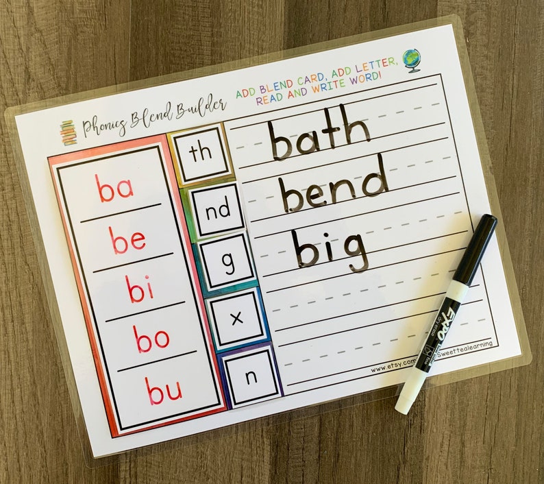 K&ouml;nnte beinhalten: Ein farbiges, druckbares Arbeitsblatt zum Bau von Lautmischungen mit einem Trockenl&ouml;schmarker. Das Arbeitsblatt enth&auml;lt eine Liste von Konsonantenmischungen wie 'ba', 'be', 'bi', 'bo' und 'bu'. Das Arbeitsblatt enth&auml;lt auch einen Abschnitt zum Hinzuf&uuml;gen von Mischkarten, zum Hinzuf&uuml;gen von Buchstaben, zum Lesen und Schreiben von W&ouml;rtern. Die W&ouml;rter 'bath', 'bend' und 'big' sind auf dem Arbeitsblatt geschrieben.