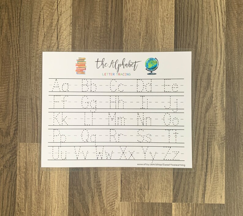 May include: A white alphabet tracing worksheet with the words "the Alphabet Letter Tracing" at the top. The worksheet features dotted letters for tracing, from A to Z, in both uppercase and lowercase. A stack of books and a globe are also featured.