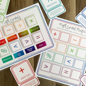 May include: A set of colourful flashcards with maths symbols and their definitions. The symbols include addition, subtraction, multiplication, division, percentage, less than, greater than, and equals. The flashcards are designed for practising maths skills.