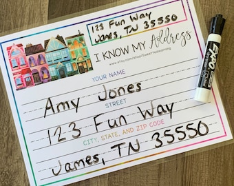 May include: A printable worksheet with a colorful illustration of houses. The worksheet is titled "I Know My Address" and includes fields for a person's name, street address, city, state, and zip code. The worksheet is designed to help children learn their address.