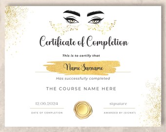 Editable Certificate Of Completion, Training Certificate Template, Printable Makeup Artist Lashes Certificate, Canva Template, Lash Course