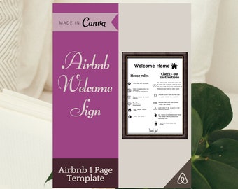 Airbnb Welcome Sign - 1 page Template - Printable for your Vacation Rental - for Hosts, Vrbo checklist poster, rules, wifi - Check in Guests