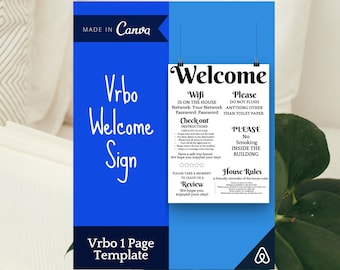 Vrbo Welcome Sign - 1 page Template - Printable for your Vacation Rental - for Hosts, airbnb checklist poster, rules, wifi - Check in Guests