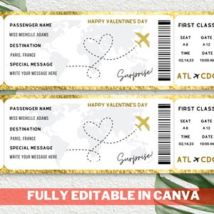 Könnte beinhalten: Eine druckbare Boarding-Pass-Vorlage mit goldfarbenem Glitzerhintergrund. Die Vorlage zeigt eine Weltkarte mit einer herzförmigen Route und dem Text „Surprise!“. Der Text auf dem Boarding-Pass lautet „Passenger Name: Miss Michelle Adams, Destination: Paris, France, Special Message: Write your message here, First Class, Seat: A8, Gate: A12, Time: 02,14,23, Date: 10:00 AM, ATL x CDG“. Der Text am unteren Rand der Vorlage lautet „Vollständig editierbar in Canva“.
