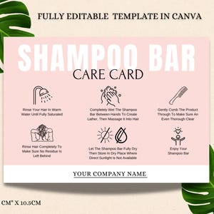 Plantilla de tarjeta de cuidado de barra de champú editable/Instrucciones de cuidado imprimibles para barras de champú de larga duración/Diseño personalizable para uso sustentable.