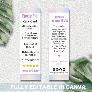 May include: Two pink and purple bookmark style cards with text. The left card says "Epoxy Pen Care Card" and lists care instructions. The right card says "Thanks for your order" and includes a message thanking the customer for their order. Both cards have a white star rating and the text "made with love".
