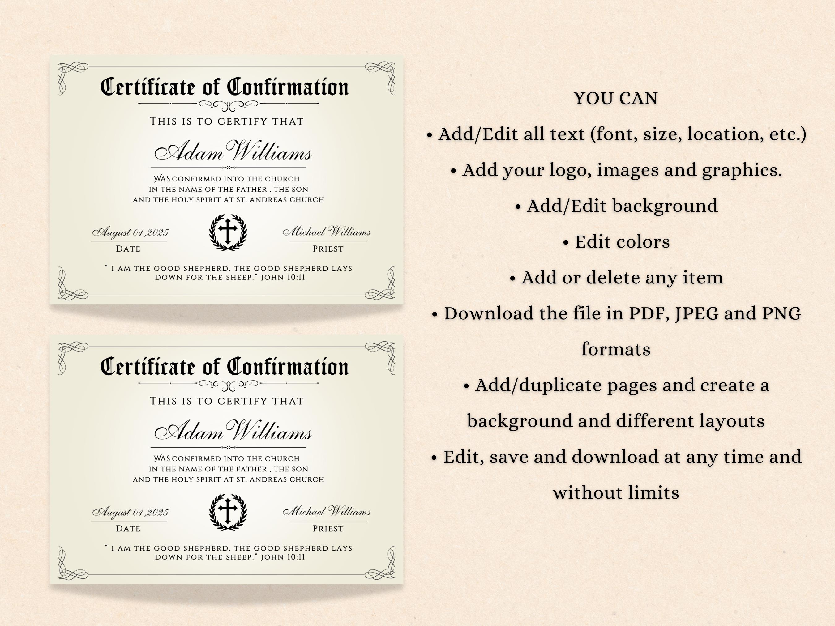 Editable Certificate of Confirmation Template | Printable Religious ...