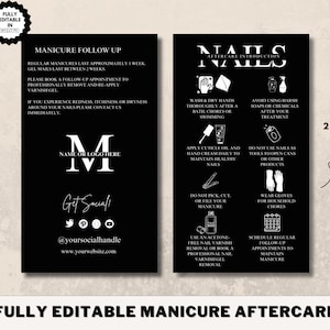 Edytowalny szablon karty pielęgnacji paznokci, instrukcje do wydrukowania manicure, porady dotyczące pielęgnacji po zabiegu, salon kosmetyczny, minimalistyczne porady dotyczące wizytówek do manicure