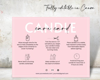 Candle Care Card Template, Editable and Use with Canva, Printable for Business, Watercolor, Instructions, Safety Card Design, Snapshot,