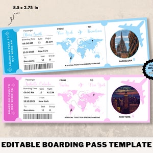 Puede incluir: Plantilla editable para una tarjeta de embarque con un diseño rosa y azul. La plantilla presenta un mapa del mundo, un avión y un horizonte urbano. El texto en la plantilla dice "Boarding Pass to Our Wedding".