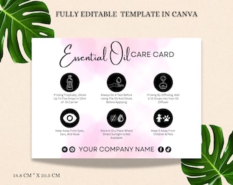 Editable Essential Oil Care Card Template | Customizable Printable Guide for Safe Usage & Storage | Perfect for Essential Oil Sellers Guide.