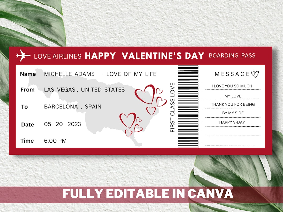 Valentine Boarding Pass Template,valentine's Day Surprise Boarding Pass ...
