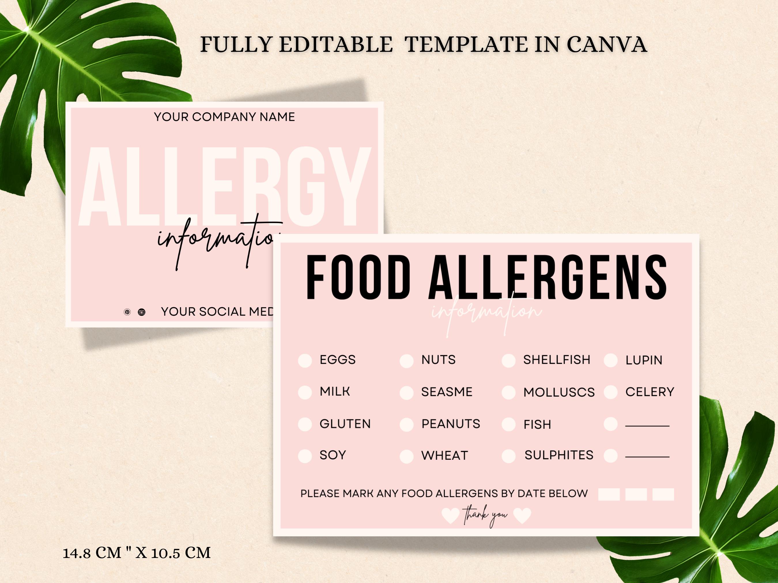 Editable Food Allergens Card Template| Customizable Printable Allergen Information for Restaurants & Events| Easy to Use and Download Canva