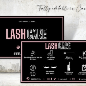 Lash nazorg kaartsjabloon, bewerkbare Lash visitekaartje, Lash extensie kaart, wimper zorg kaart, Lash nazorg kaarten Canva