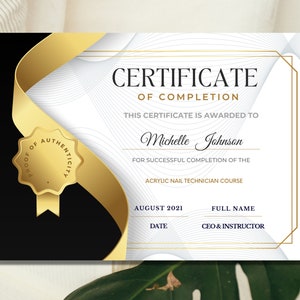 Certificate of Completion Template - Instant Digital Download - Printable 2022 Class training, nails lashes Course, DIY, editable makeup