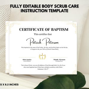 Plantilla de certificado de bautismo personalizable / PDF editable / Recuerdo cristiano personalizado / Dedicación de bebé / Certificado de bautismo imprimible