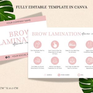 May include: A pink and white printable card with the text "BROW LAMINATION aftercare card" and instructions for aftercare. The card is 14.8 cm by 10.5 cm.