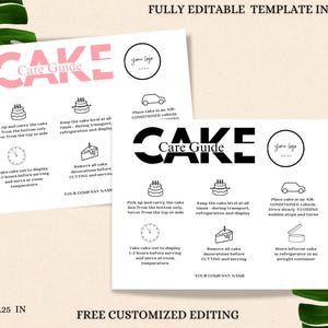 May include: A black and white printable care guide for cakes with instructions on how to transport, store, and serve the cake. The guide includes icons and text such as "Keep the cake level at all times", "Remove all cake decorations before cutting and serving", and "Store leftover cake in the refrigerator in an airtight container".