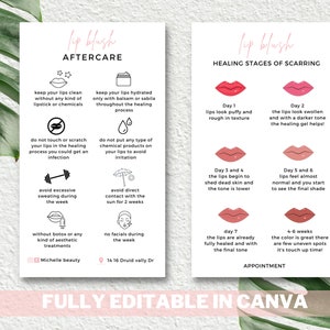 May include: A pink and white infographic with the title "Lip Blush Aftercare" and "Lip Blush Healing Stages of Scarring". The infographic includes a list of instructions for aftercare and a visual representation of the healing process for lip blush.