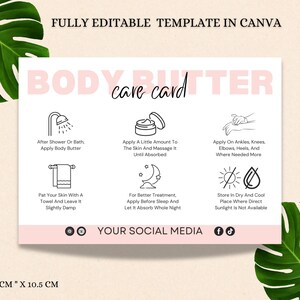 Editable Body Butter Care Card Template | Customizable Skincare Instructions for Moisturizing & Storage | Printable Guide for Beauty Brands.