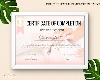 Nail Art Certificate of Completion Template | Editable Canva Certificate | Nail Technician Course Certification | Customizable PDF for Nail.