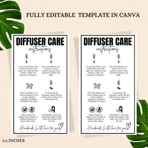 Op de afbeelding: Twee zwart-witte, afdrukbare instructiekaarten voor diffuserverzorging met een minimalistisch ontwerp. De kaarten bevatten pictogrammen en tekst die instructies geven over het gebruik en de verzorging van een diffuser. De tekst op de kaarten luidt "Diffuserverzorging Instructies". De kaarten zijn 2 inch bij 3,5 inch.