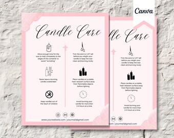 Candle Care Card Template, Editable and Use with Canva - Instant Download - Printable for Business, Watercolor, Instructions, Safety, Design