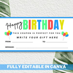 Happy Birthday Gift Certificate Template - Printable Unisex Birthday Gift Certificate, Birthday Gift Coupon for boys and girls, Gift Voucher