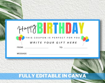 Happy Birthday Gift Certificate Template - Printable Unisex Birthday Gift Certificate, Birthday Gift Coupon for boys and girls, Gift Voucher