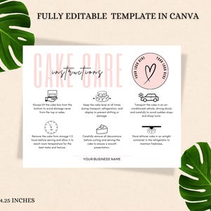 Könnte beinhalten: Eine druckbare Kuchenpflege-Anleitungskarte mit einem rosa-schwarzen Farbschema. Die Karte enthält Anweisungen zum Transport, zur Lagerung und zum Servieren eines Kuchens. Die Karte enthält auch einen Platz für Ihren Firmennamen.